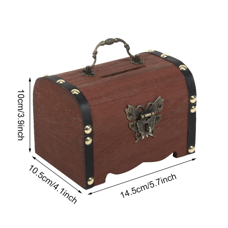 

Mini Wooden Money Box with Heart Lock and Butterfly Buckle Classic Vintage Savings Coin Bank for Home Decor Children Gift One Size