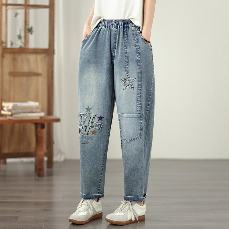 Taglie forti Vintage ricamo vita alta casual larghi Donna Primavera estate autunno jeans denim Pantaloni Harem