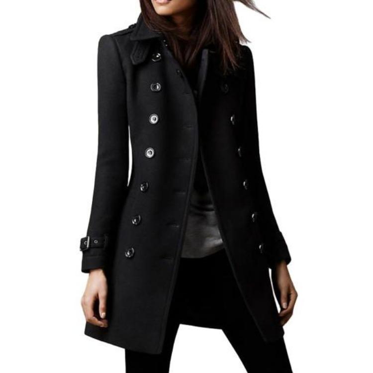 Women Double Breasted Woolen Coat Mid Length Solid Color Lapel Long Sleeve Streetwear Suit Jacket Autumn Winter