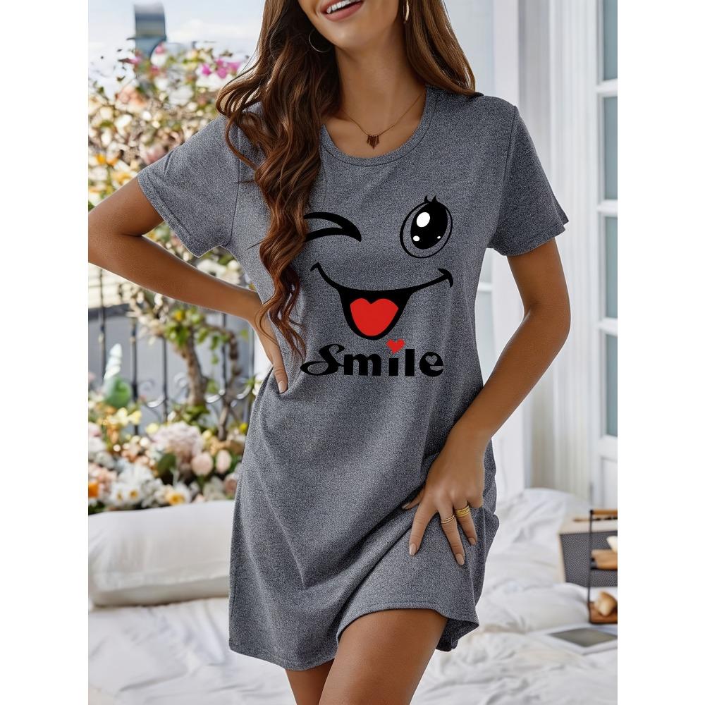 Nuovo Arrivo Pigiama con Stampa Occhi Grandi Donna Girocollo Manica Corta Stile Vestito Rosa Loungewear Facile e Comodo