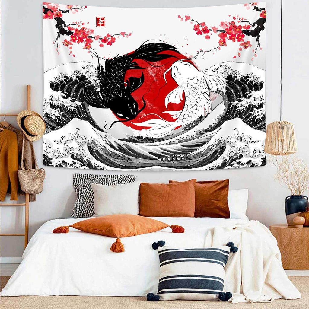 Yin-Yang Koi Ukiyo-e Tapestry Red and Black Tai Chi Living Room and Bedroom Wall Hanging Dormitory and Guesthouse Decor