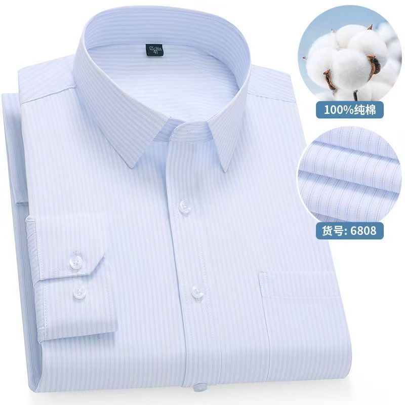 8XL Solid Color Classic Striped Shirts Men Long Sleeve Formal Office Business White Blue 100 Cotton Long Sleeve Shirt for Men