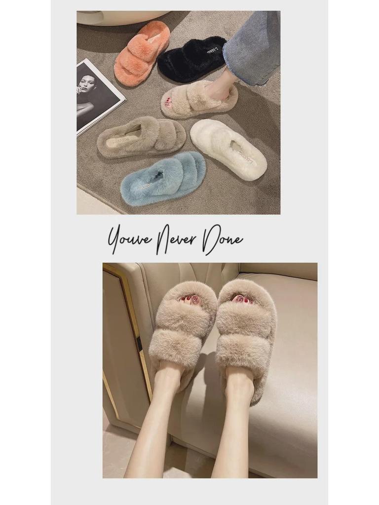 Női Vastag Talpú Szőrmés Papucs - Dupla Csíkos, Ferde Szájú, Őszi/Téli Melegség