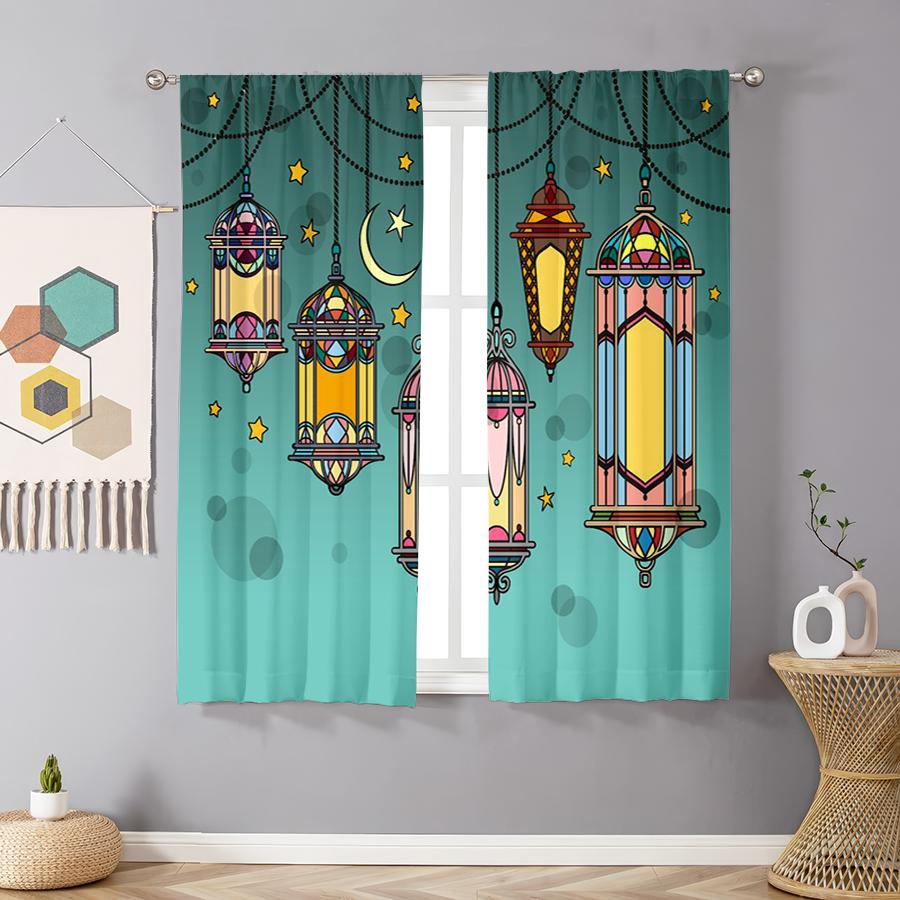 2 ks Tyrkysové vitrážové lucerny a závěsy s potiskem půlměsíce a hvězdy, Ideální pro výzdobu oken na Ramadan/Eid, Závěsy s kapsou na tyč