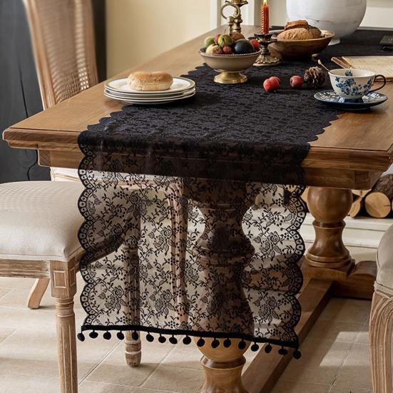 French Lace Table Runner Hollow Tassel Fringe Placemat Elegant Decorative Tablecloth Romantic Wedding Party Dining Table Dresser Buffet Decor