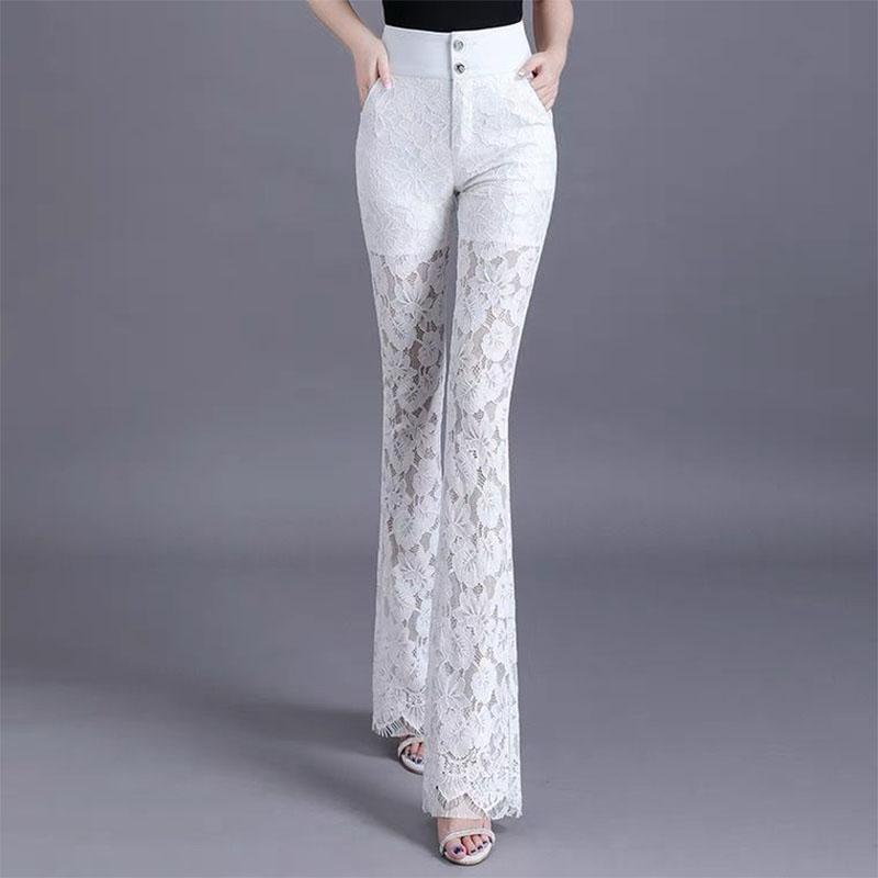 Y2k Korean Pant Suits Lace Hollow Out Summer Thin Flare Pants High Waist Solid Women Elegant Casual Fashion Female Trousers 2022