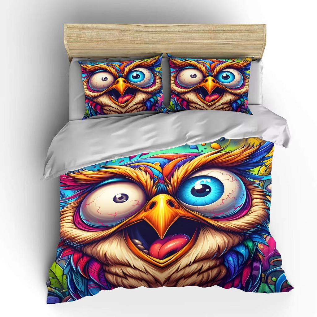 Colorful Exaggerated Owl Art Illustration Bedding Set for Kids Luxury Gift 3pcs Digital Print Comforter Set Soft Comfortable