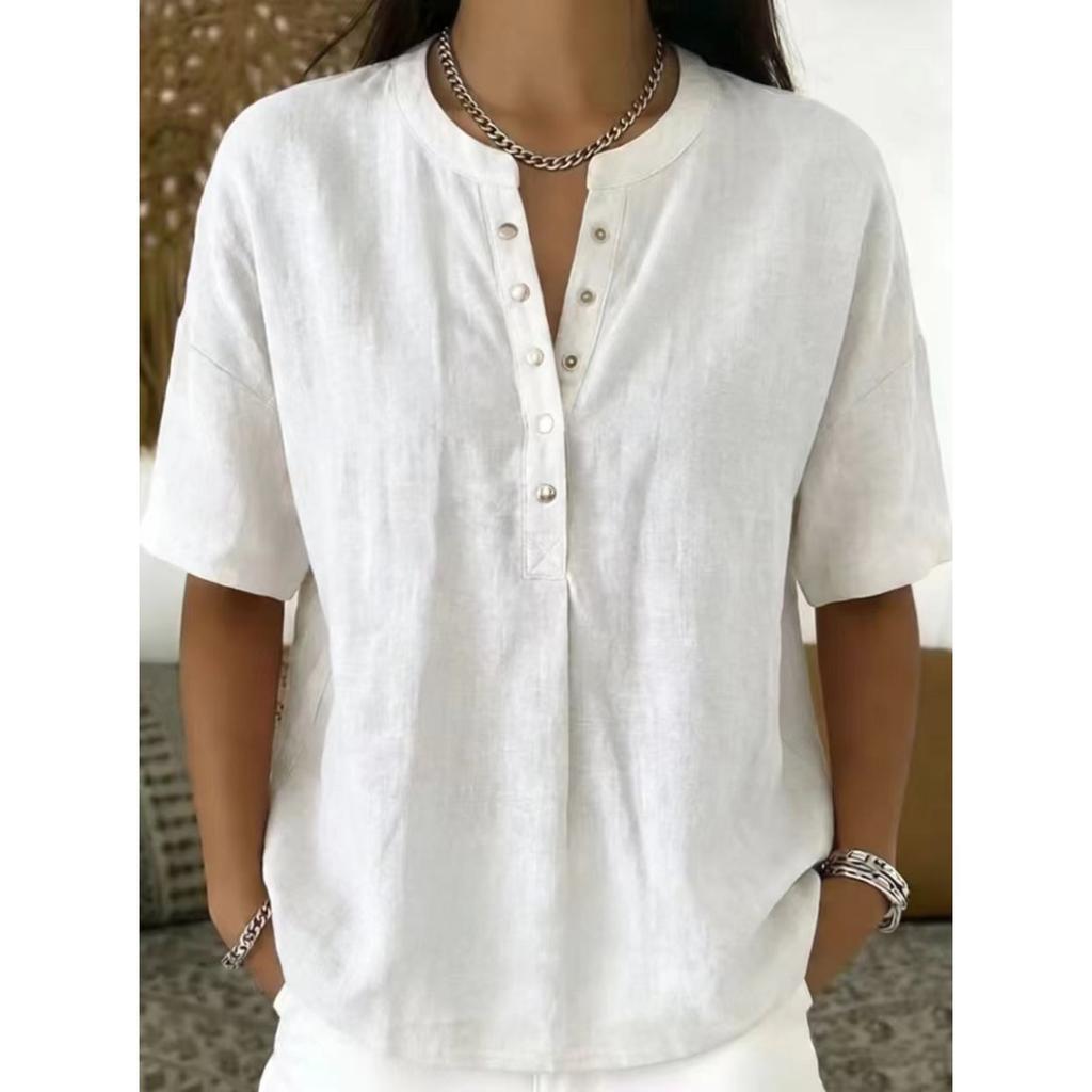Women's Linen Blend Henley Neck Short Sleeve Casual Shirt