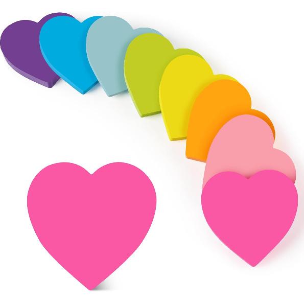 Heart Sticky Notes 3x3 In, 8 Pads, Super Cute Bright Color Strong Adhesive Post, Clean Removal, 82 Sheets/pad