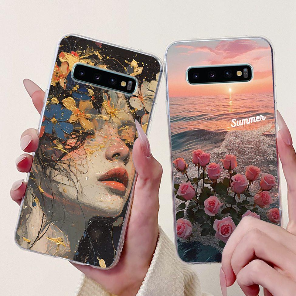For Samsung S10 Plus Case SM-G975F Cute Kawaii Fashion Flowers Luxury Cool Painted Soft Cover For Samsung Galaxy S10+ Phone Case