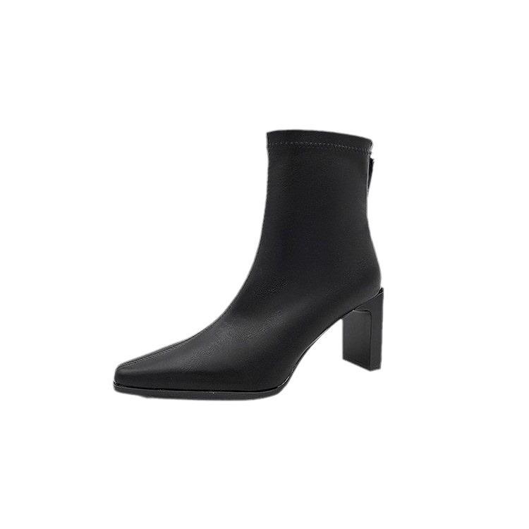 High Heel Small Square Head Thin Boots 2024 Herbst Französische Neue Dicke Absatz Elastische Stiefel Einfaches Temperament Kleine Kurze Stiefel Einzelstiefel