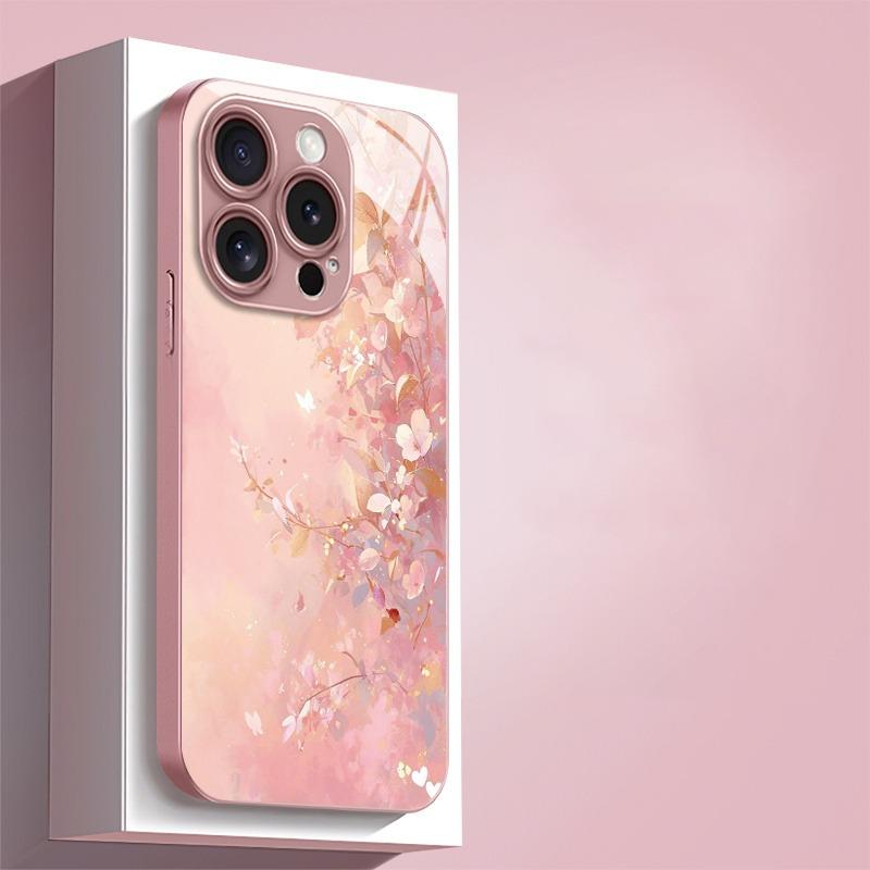 Luxury Flowers Pattern Pink Metallic Paint Glass Hard Phone Case For iPhone 17 16 15 14 13 12 11 Pro Max 15 Plus 17Air 16E Cover