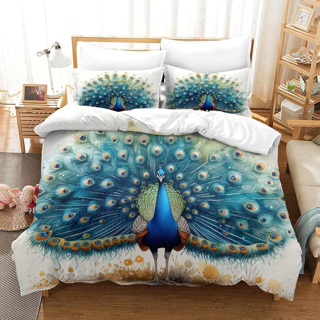 Cute Peacock 3D Printing Duvet Cover Set Bedding Set Beautiful Animals Microfiber And Pillowcase With Hidden Zipper For Kids