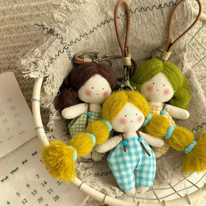 Handmade Linen Cloth Doll Keychain Cute Plaid Overalls Pendant Multiple Hair Styles Squishy Stuffed  Vintage Gift For Collectors