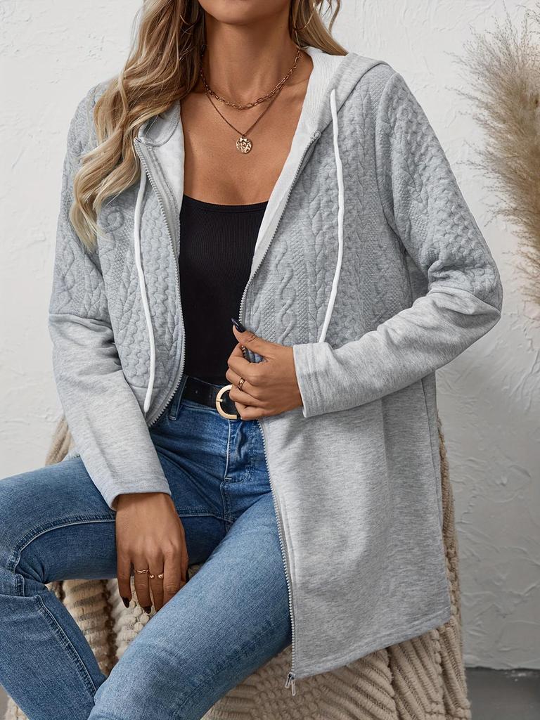 2025 Women's Autumn and Winter Solid Color Corrugated Pocket Stitching Casual Loose Women's Hooded Jacket