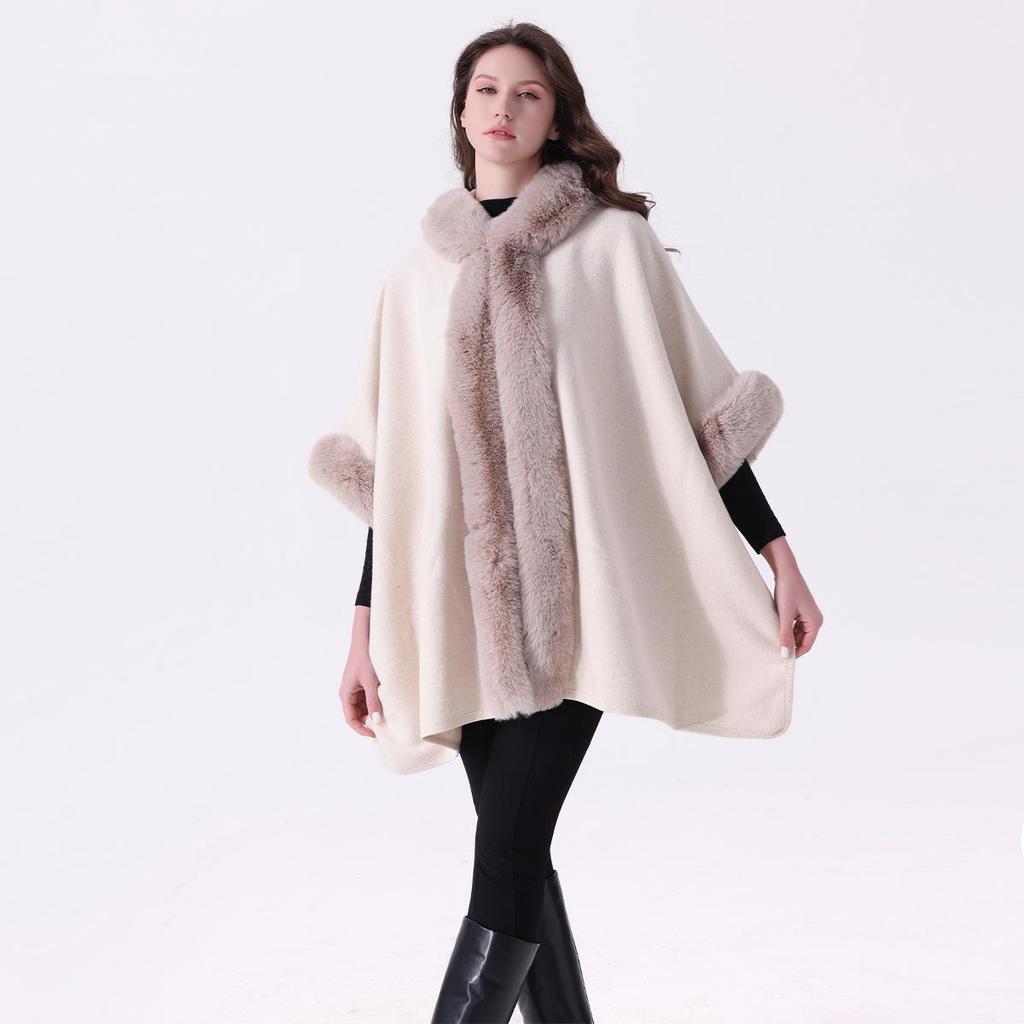 European & American Autumn/Winter Faux Rabbit Fur Hooded Shawl Women's Woolen Plus Size Cardigan Cape