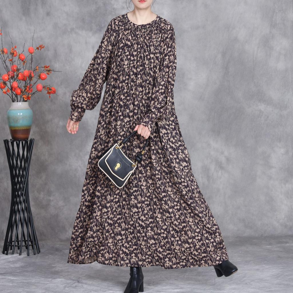 Johnature Women Spring Print Floral Dresses O-Neck Long Sleeve High Quality Loose Soft Women Long Dresses