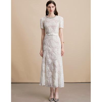In-Stock French Diamond Collar Lace Dress with 3D Floral Design, Short Sleeves, Inner Layer Camisole, and Gift Waist Belt