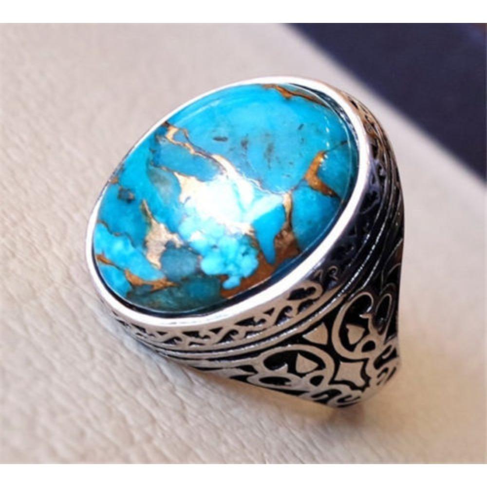Vintage Thai Silver Ring with Synthetic Turquoise Inlay Unisex Silver Jewelry no. 6
