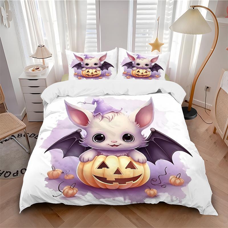 3pcs Wizard Bat & Pumpkin Cute Design Bedding Set - 1 Soft Quilt Cover + 2 Pillowcases, Machine Washable - Suitable for All Seasons, Perfect