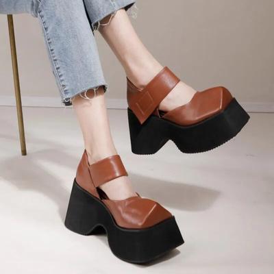 Vintage Echtleder 10cm hohe Schuhe mit dicker Sohle und quadratischer Zehenpartie, einfarbig, Damen-Plateau-Sandalen