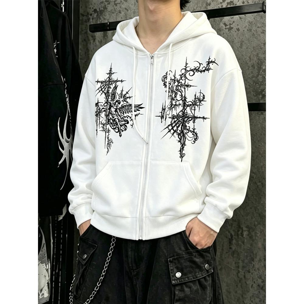 Fashionable Street Fashion Brand Dark Thorn Abstract Print Hoodie Loose and Versatile Couple Zipper Sweatshirt Jacket