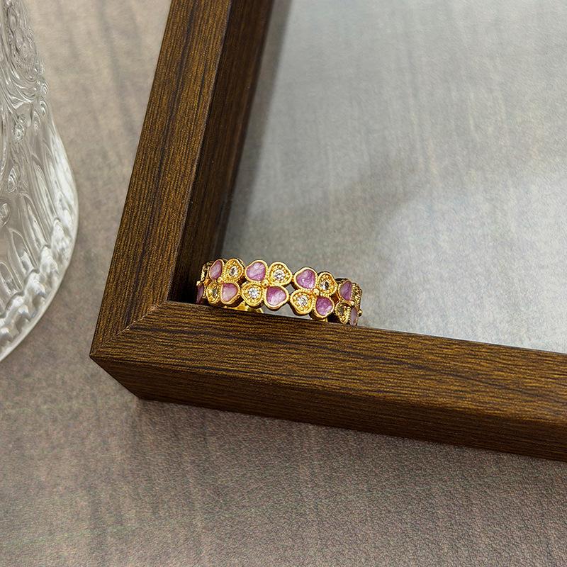Medieval Vintage Court Style Light Luxury Retro Flower Auspicious Cloud Purple Enamel Open Ring Niche Stacked Wearing Woman