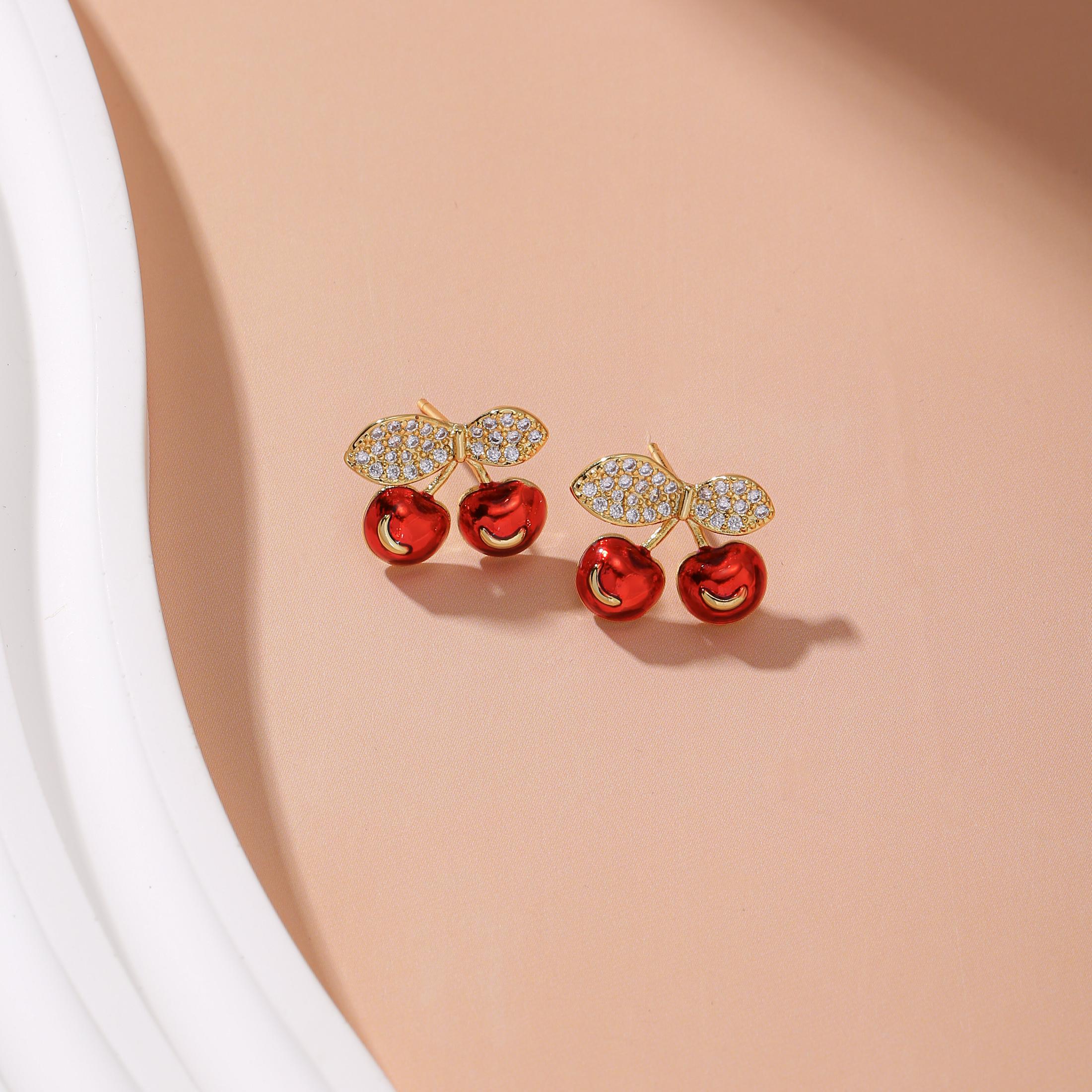 

Golden Cherry Stud Earrings for Women Cute Red Enamel Cubic Zirconia Jewelry Gift золотистый
