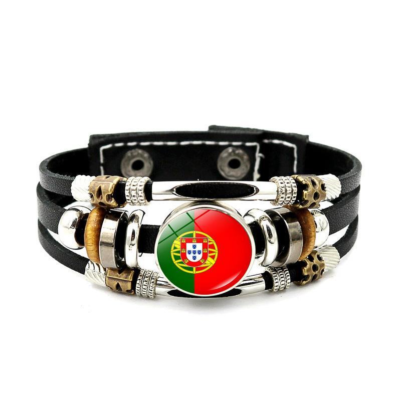 Factory National Country Flag Design Bracelet Crystal Bead Snap Button Sports National Team Jewelry Gift Leather Wrap Bracelet