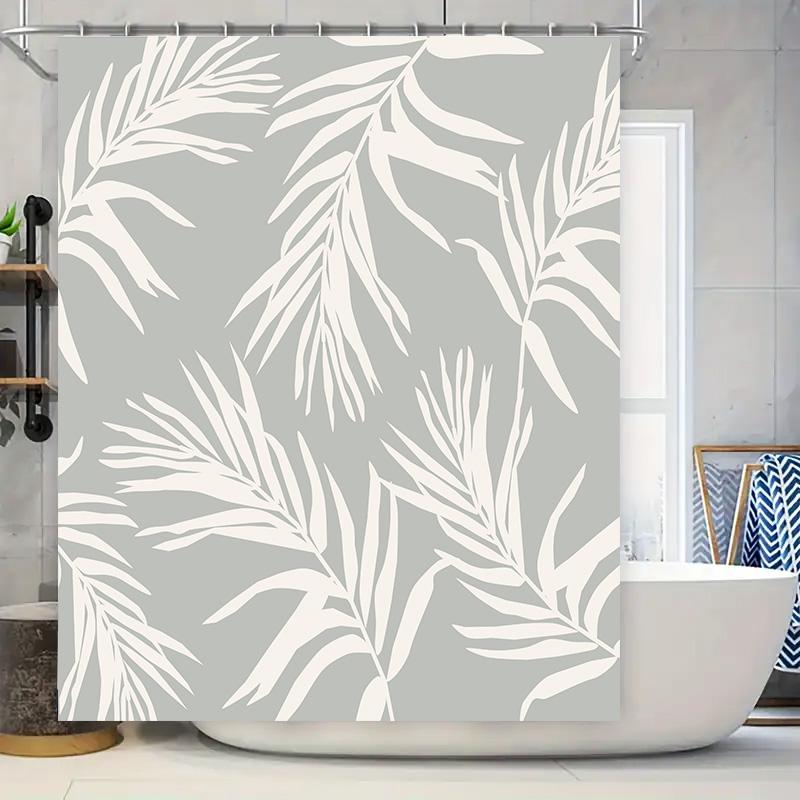 Modern Bathroom Decor White Palm Leaf Pattern Shower Curtain Set for Home Bathrooms Bathtubs Size 72 X 84 Inches