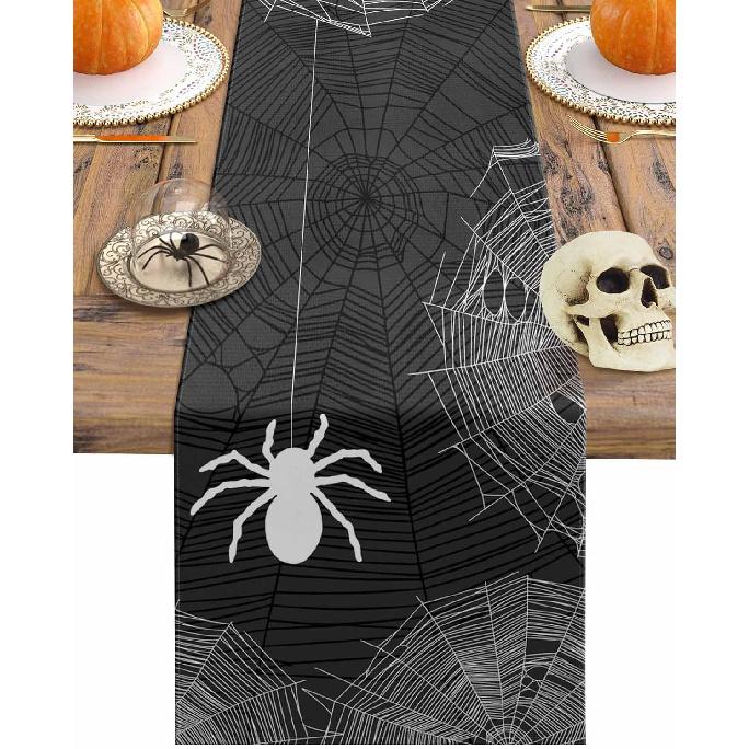 Halloween Linen Table Runner,Spiders Spiderweb Texture Dresser Scarf Kitchen Dinning Tabletop Covers Decor for Indoor Outdoor Party Holiday Wedding