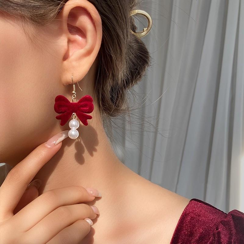 Long Ankara Red Bow Flocking Stud Earrings Women'S Light Luxury High-End Fashion Versatile Earrings Fringed Ears