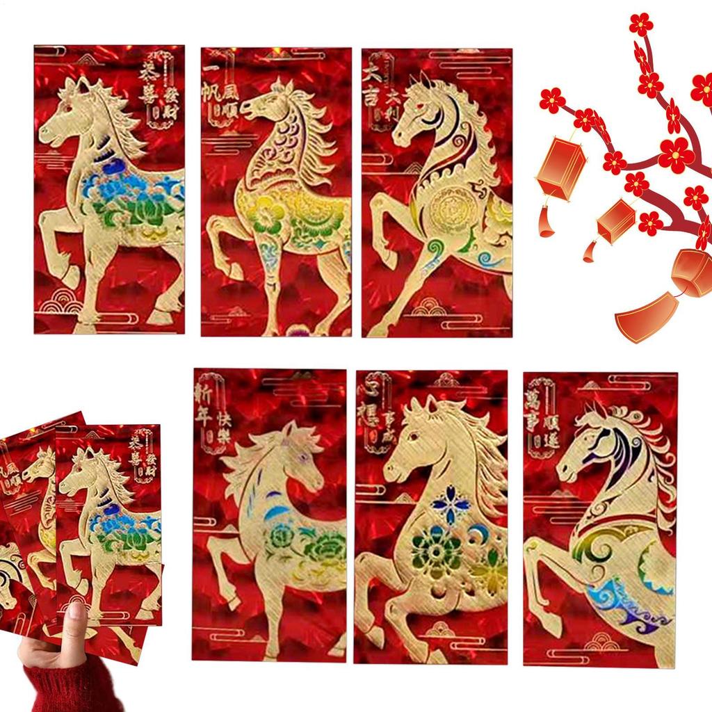 2026 Lunar New Year Red Envelopes 6 Pieces Glitter 3D Embossed Horse Year Red Envelope Chinese Spring Festival Red Envelopes