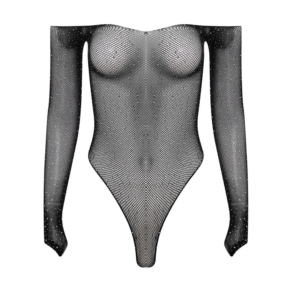 Damen glänzender Strassnetz-Off-Shoulder-Body mit langen Ärmeln, dehnbar