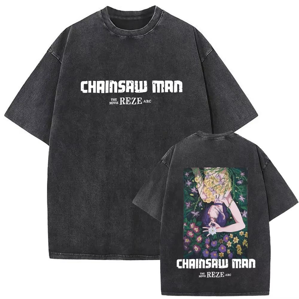 Anime Chainsaw Man Retro Gewaschenes T-Shirt Lustiges Cartoon Denji Pochita Grafik-T-Shirt Herren Damen Mode Vintage Lässige T-Shirts