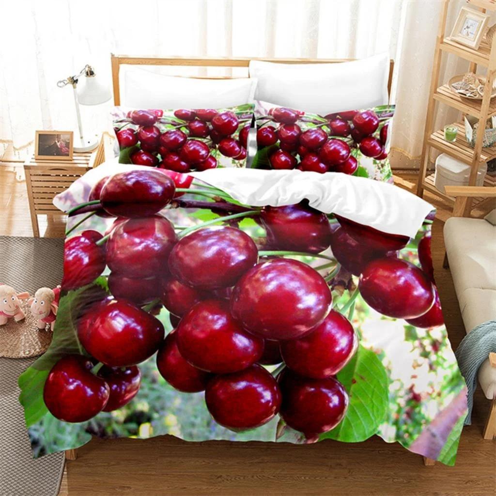 Comforter Pink Cherry Queen Size Cute Cartoon Fruit Comforter With Girl Kid Woman Breathable Bedding Set