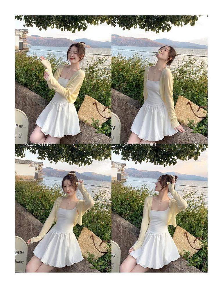 Women's White Ballet-Style Camisole Dress with Waist-Cinching Slim Fit and Bud Skirt Design for Summer 2025