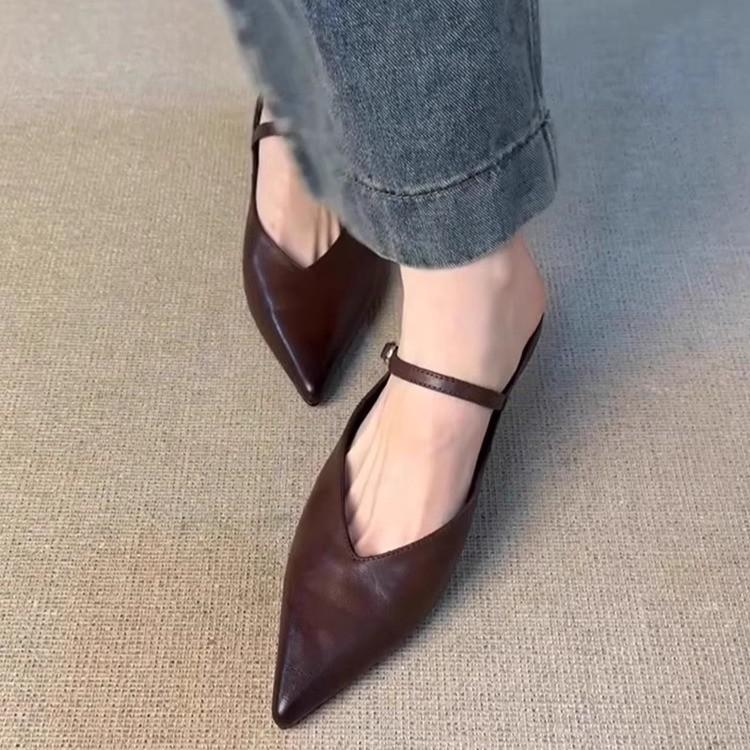 French Retro Pointed Toe Mules With Single Buckle Strap Fashionable Open Toe Low Block Heel Shoes