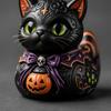 Cat Figurine with Jack-O'-Lantern Playful Pumpkin Decoration Gothic for Desks