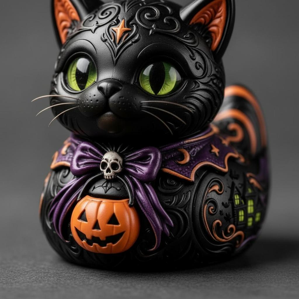 Cat Figurine with Jack-O'-Lantern Playful Pumpkin Decoration Gothic for Desks