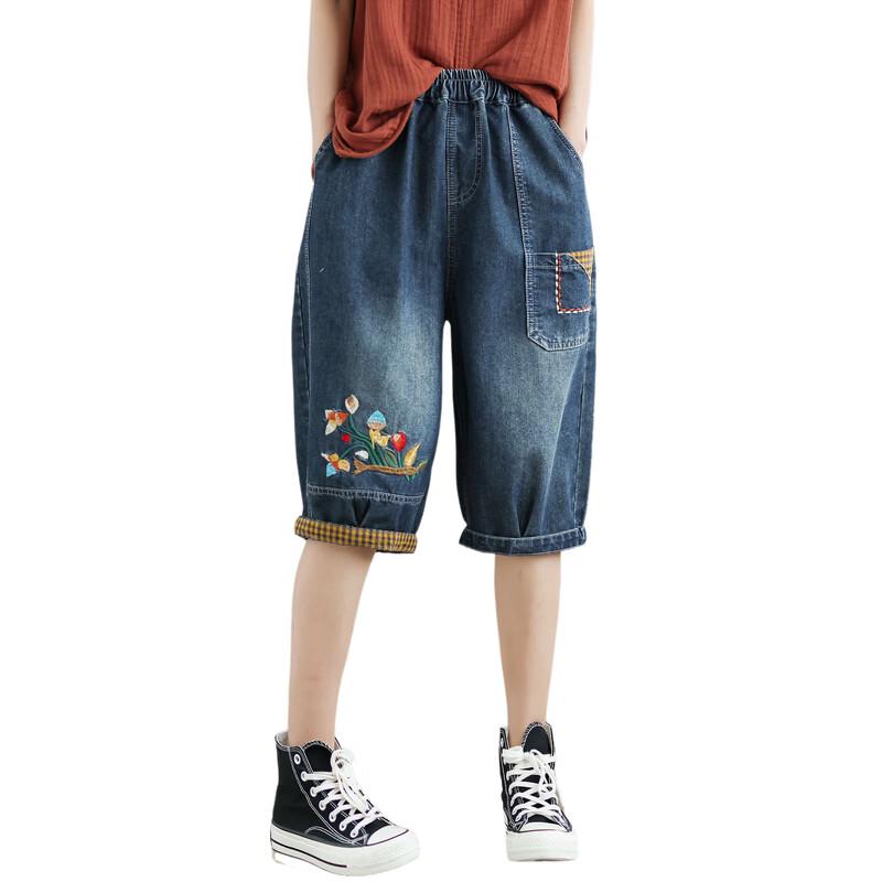 LANGSHA Pantalons Capri en Jean Amples Brodés pour Femme