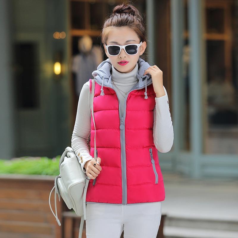 Autumn and winter new candy color down cotton vest, large size women's hooded cotton vest