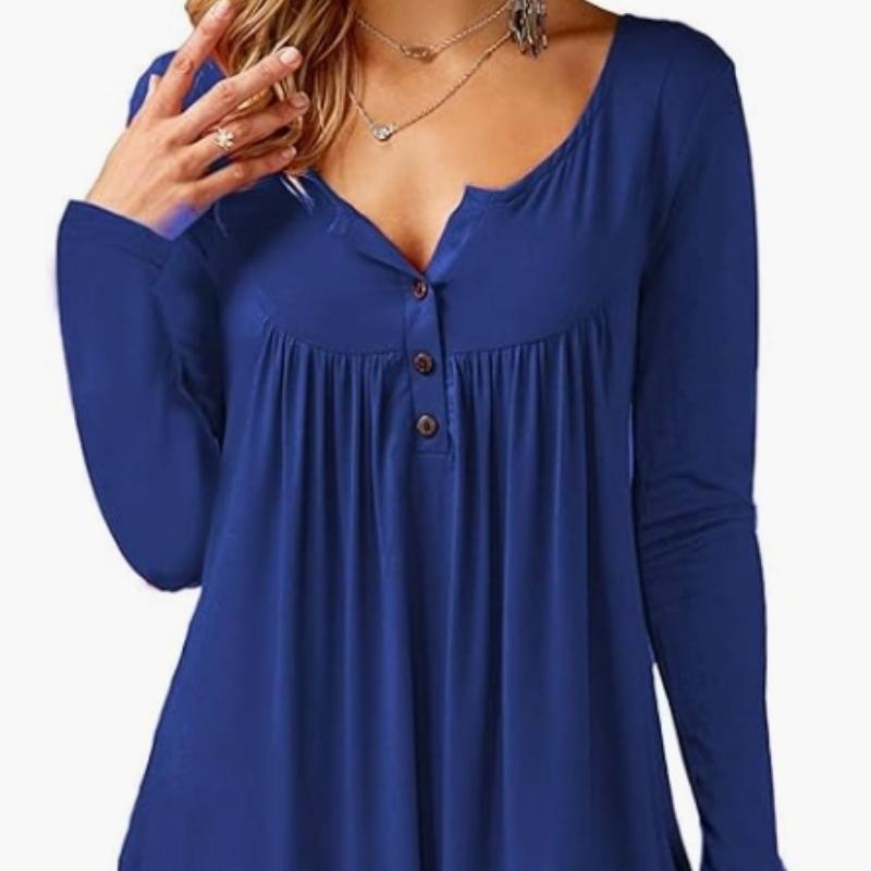 Women's V-Neck Button Pleated Long Sleeve T-Shirt Loose Top