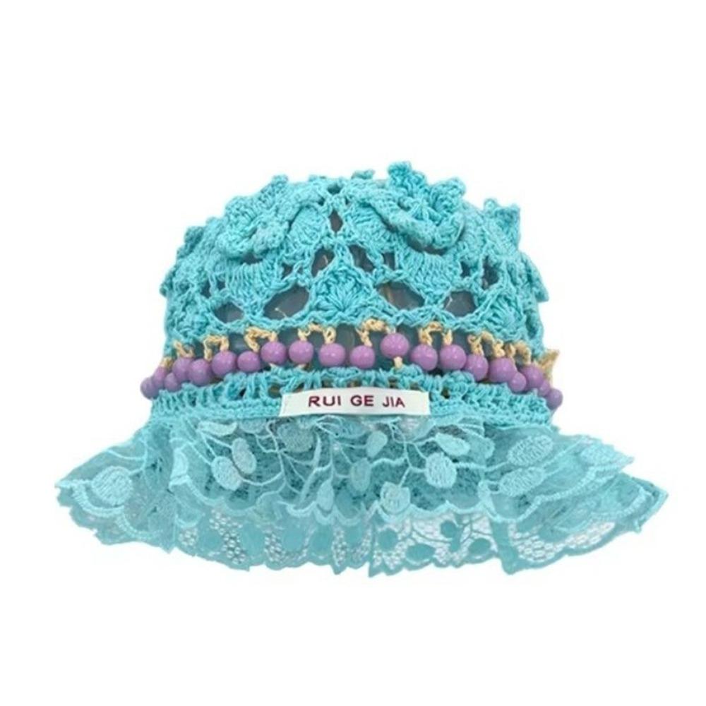 Handmade Crochet Bucket Hat Summer Weave Basin Caps Sweet Beads Knitted Hat  Girls