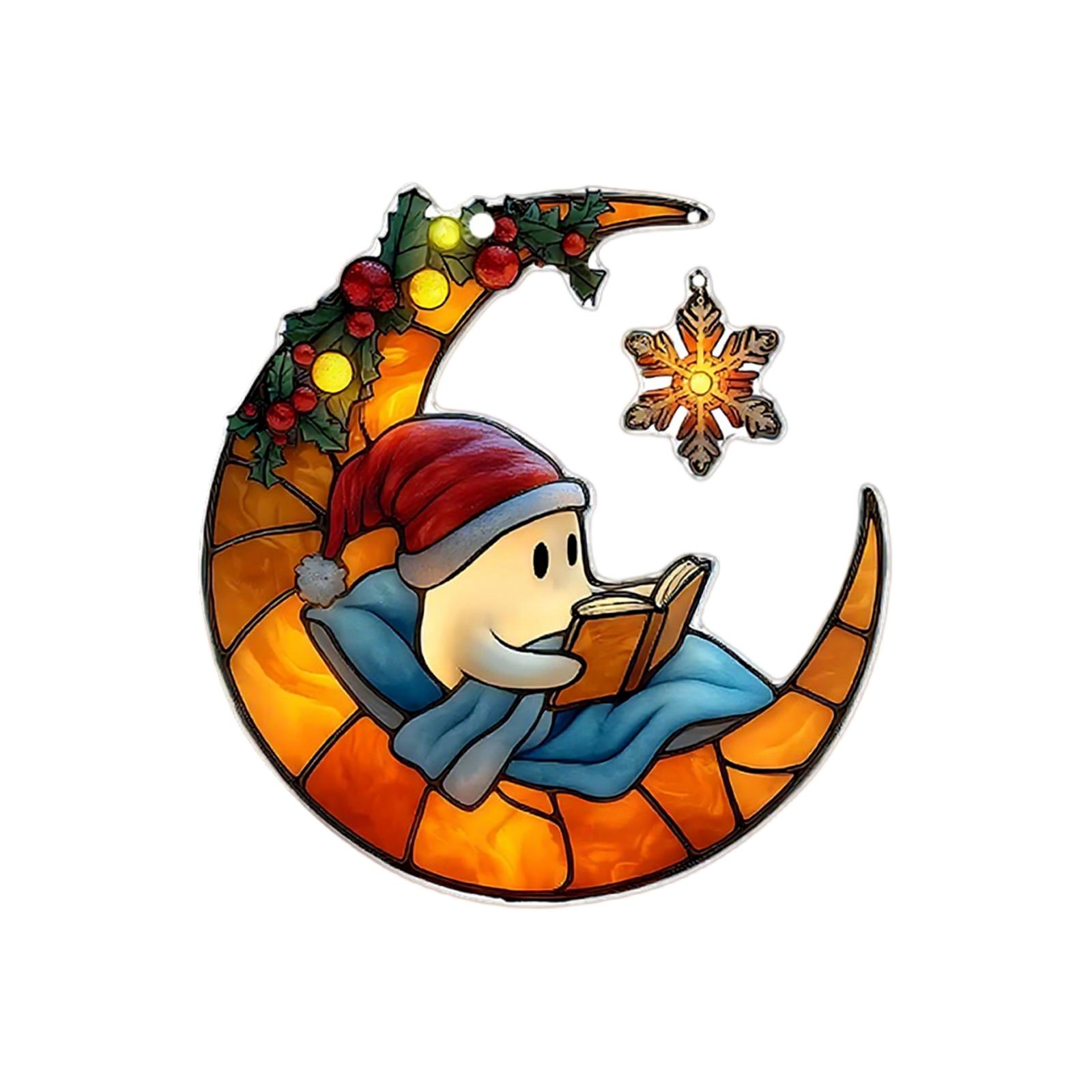 

The Little Reading Under The Colorful Moon 2D Flat Acrylic Halloween Christmas Atmosphere Decoration Pendant One Size