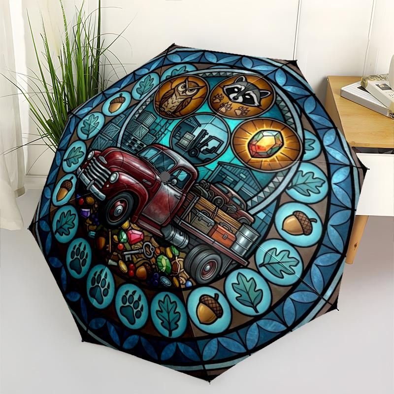 Rustic Truck Treasures Pattern Umbrella, Portable and Foldable Design, 8 Ribs, a Casual Accessory for Halloween, Christmas, and Birthday Gifts.