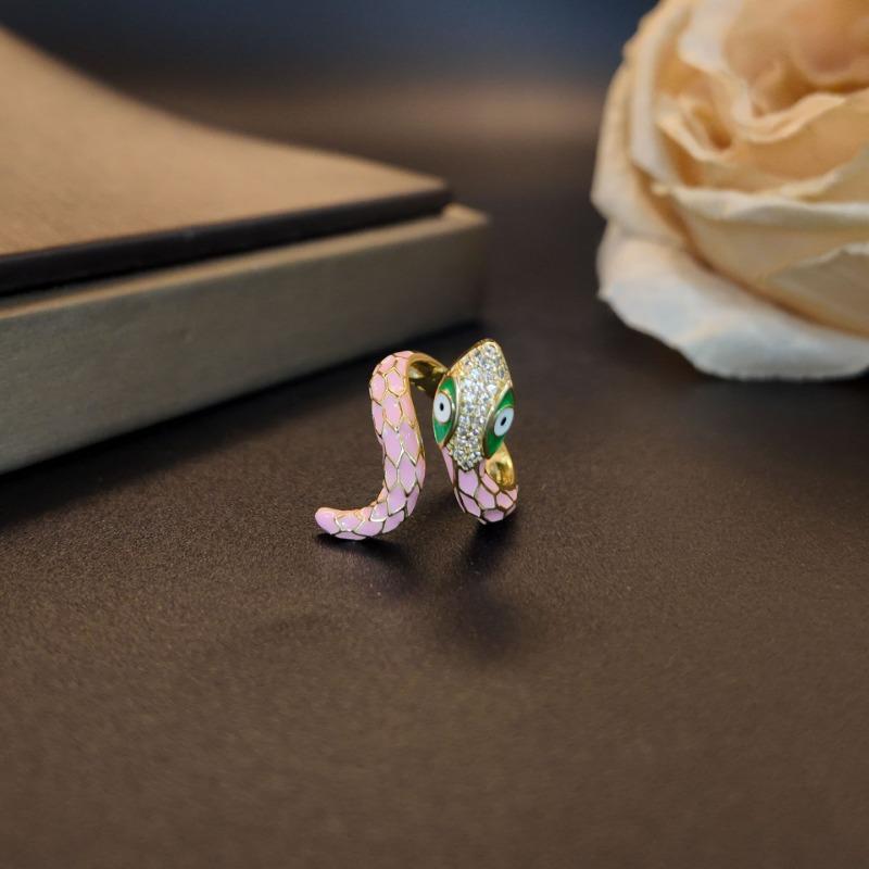 New Arrive Vintage Copper Inlaid Zircon Pink Enamel Relief Coiled Snake Statement Ring  M201
