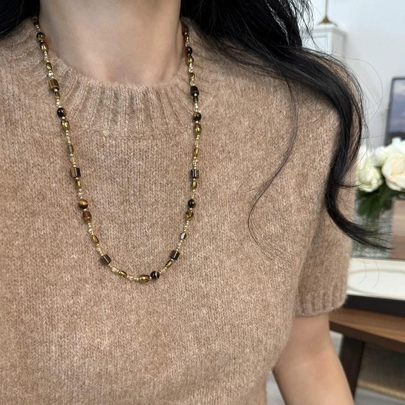 18k vergoldete Tigerauge Perlenanhänger Halskette - Retro Schlüsselbeinkette für Herbst/Winter.