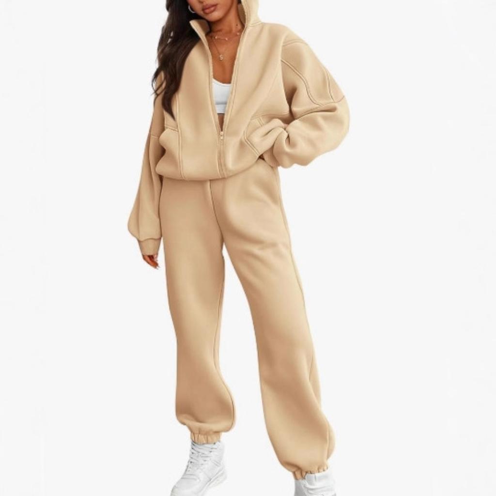 2025 Women's Fleece Sweatshirt Two-Piece Set Casual Zip-Up Loose Fashion Tracksuit