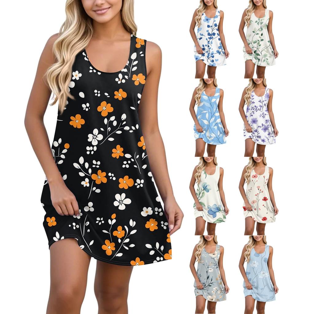 Women's Fashionable Casual V-neck Sleeveless Patterned Dress